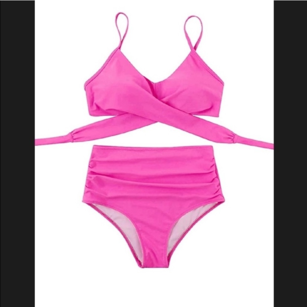 💖 Pink Crisscross High-waisted Bikini - Picture 2 of 4